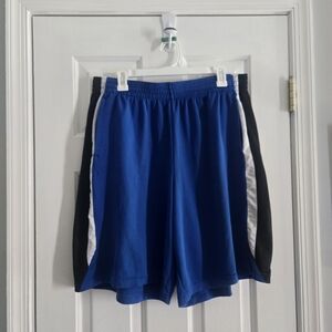Blue Athletic Shorts with Black and White Stripes